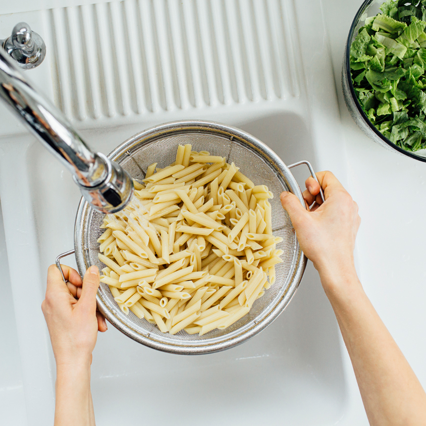 Chicken Caesar Penne Salad Step1 rinse noodles