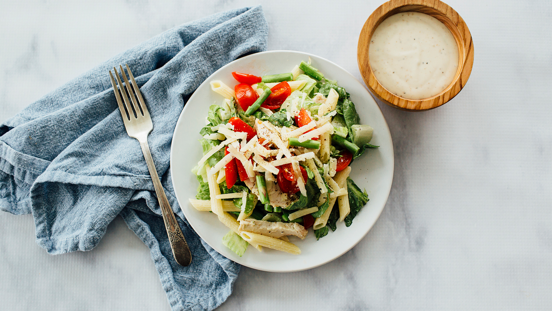 Chicken Caesar Penne Salad Step6 serve with dressing