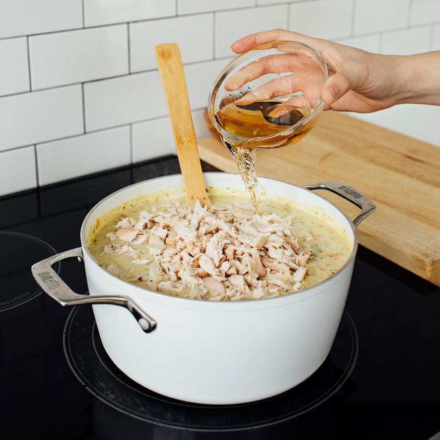 Classic Chicken Noodle Soup Step7 add chicken and sherry