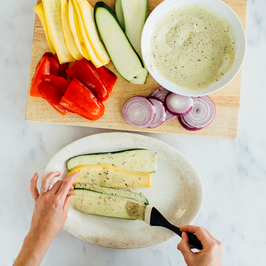 Grilled Vegetable Wrap Step1 brush marinade onto vegetables