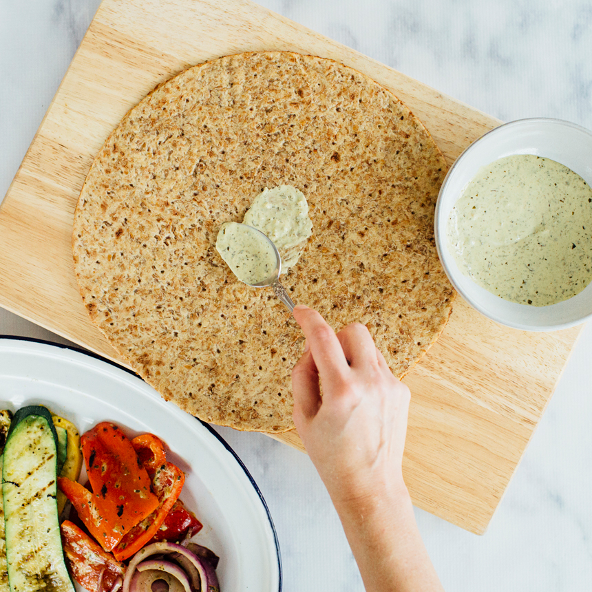 Grilled Vegetable Wrap Step3 spread marinade onto wrap