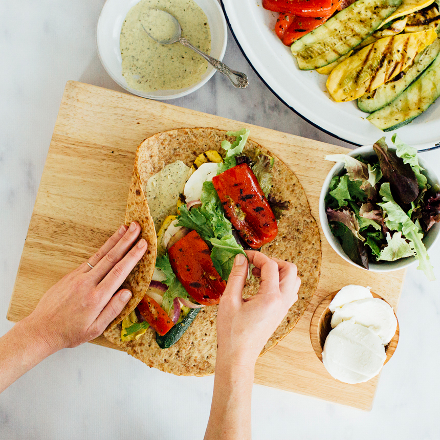 Grilled Vegetable Wrap Step4 layer veggies in center of wrap