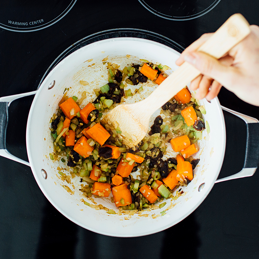 Pork Ragout Step2 saute onion garlic celery carots plums