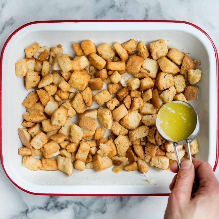Pour hot water on croutons