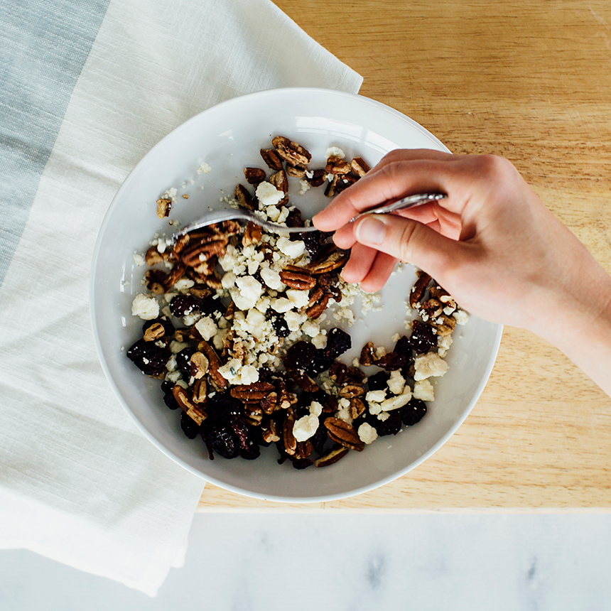 Roasted Pear Salad Step2 mix cherries with toasted pecans