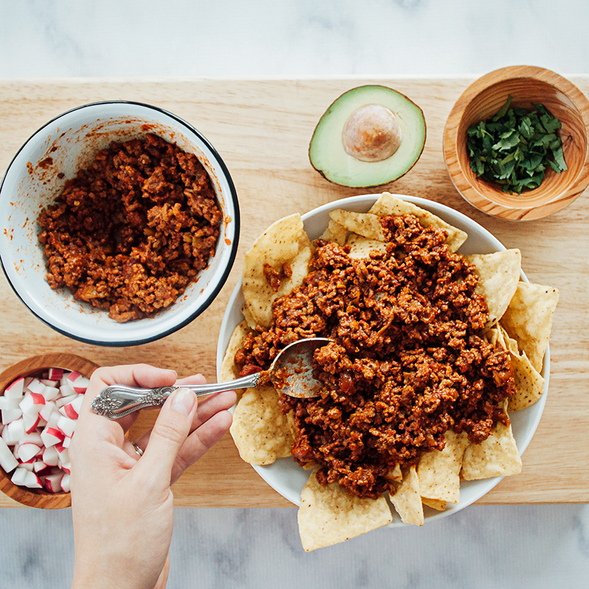 Southwest Chili Step3 spoon meat over chips