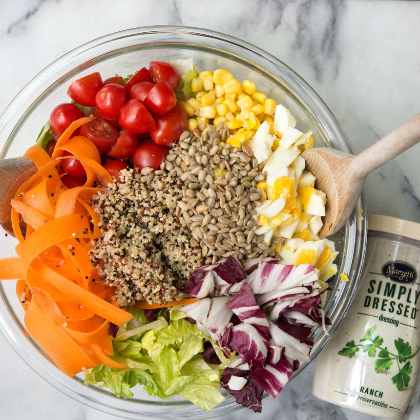 all salad veggies in mixing bowl