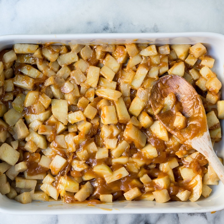 apples in dish with sauce