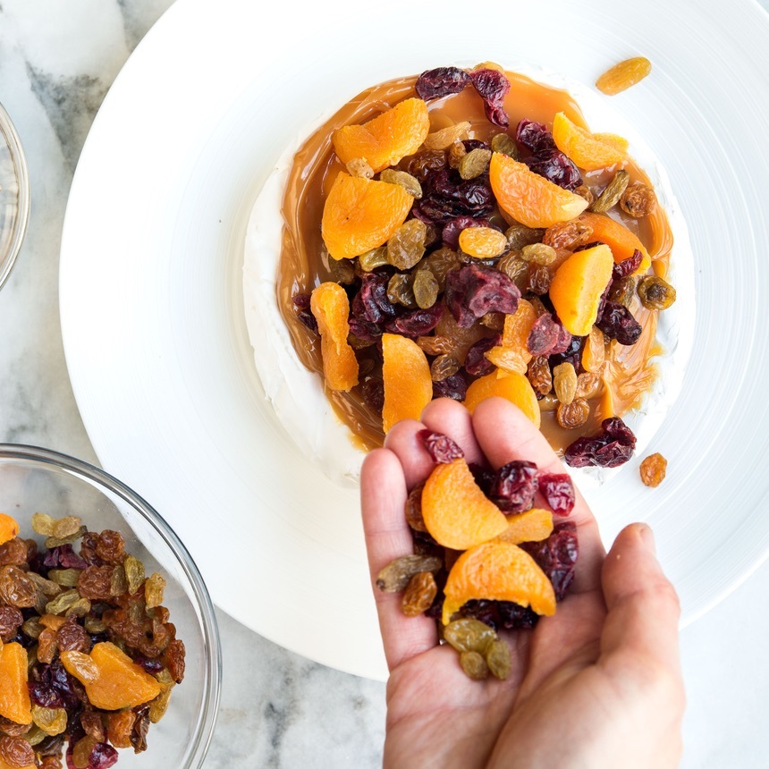 arrange fruit on caramel