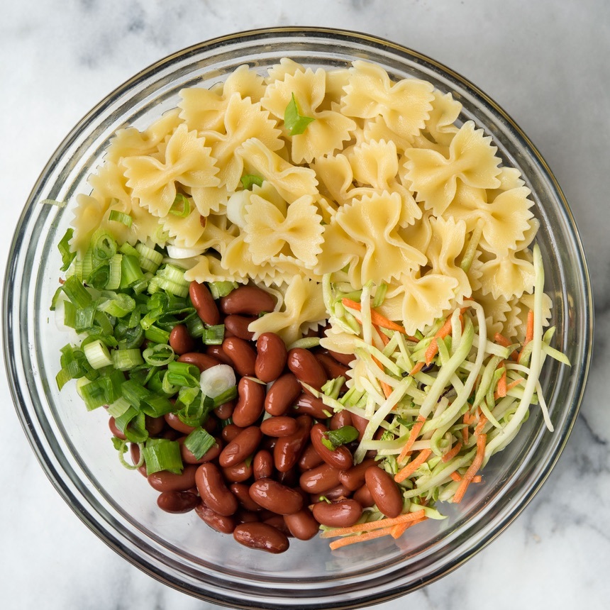combine pasta beans slaw