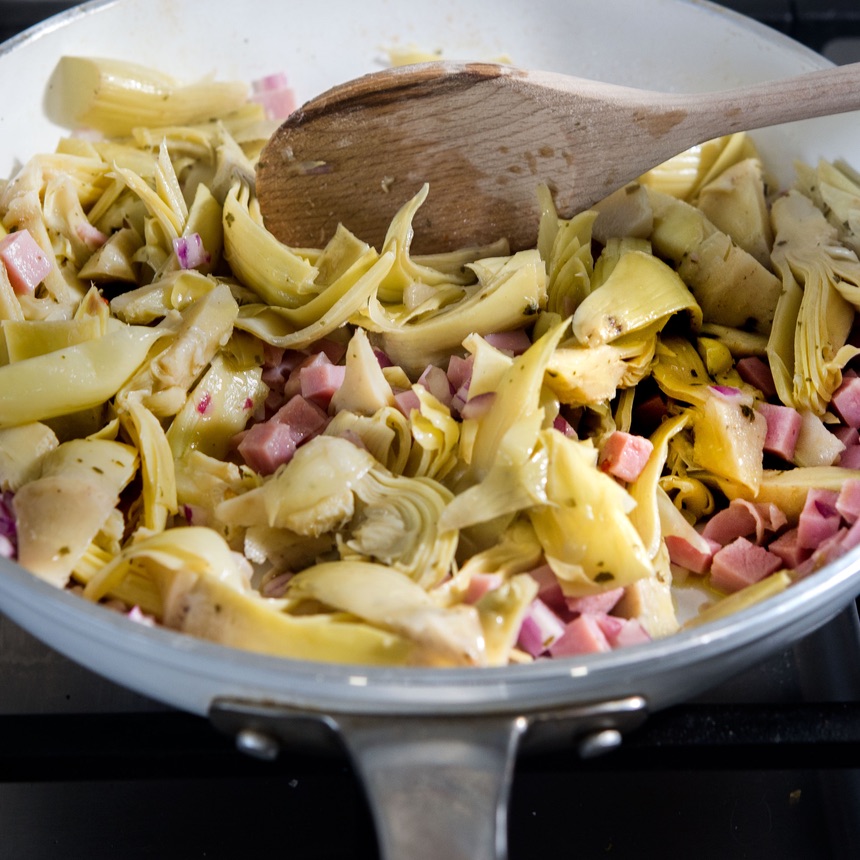 cook artichokes ham and onion