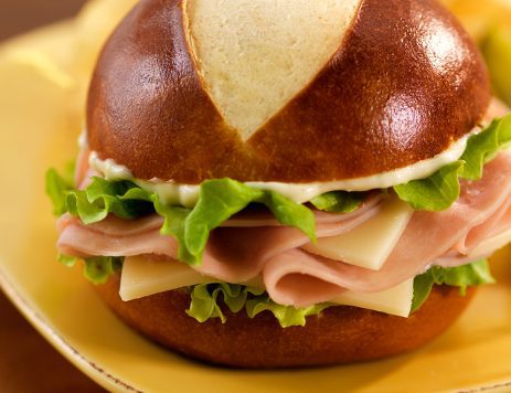 Ham and Swiss Pretzel Sandwiches With Horseradish