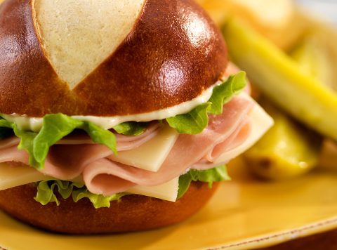 Ham and Swiss Pretzel Sandwiches With Horseradish