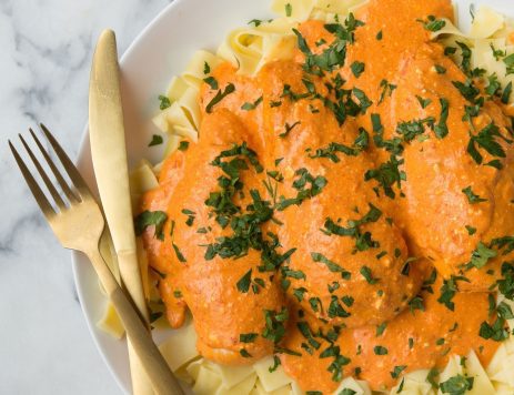 Chicken and Noodles in Roasted Red Pepper Cream Sauce