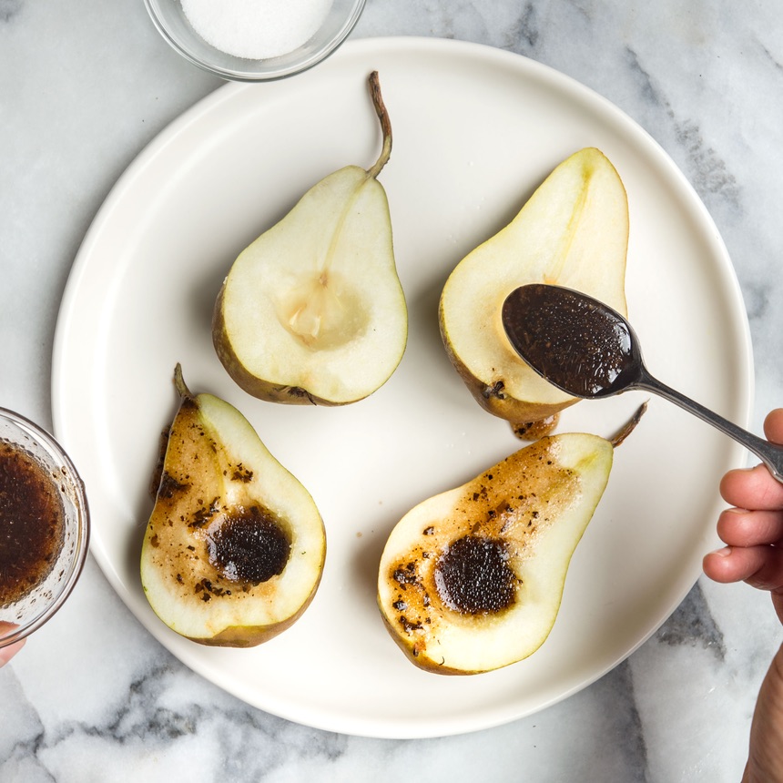 pears drizzled with dressing