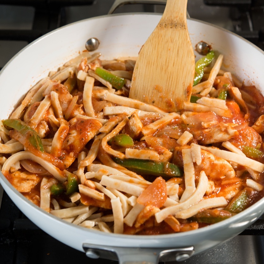 pour noodles into mixture