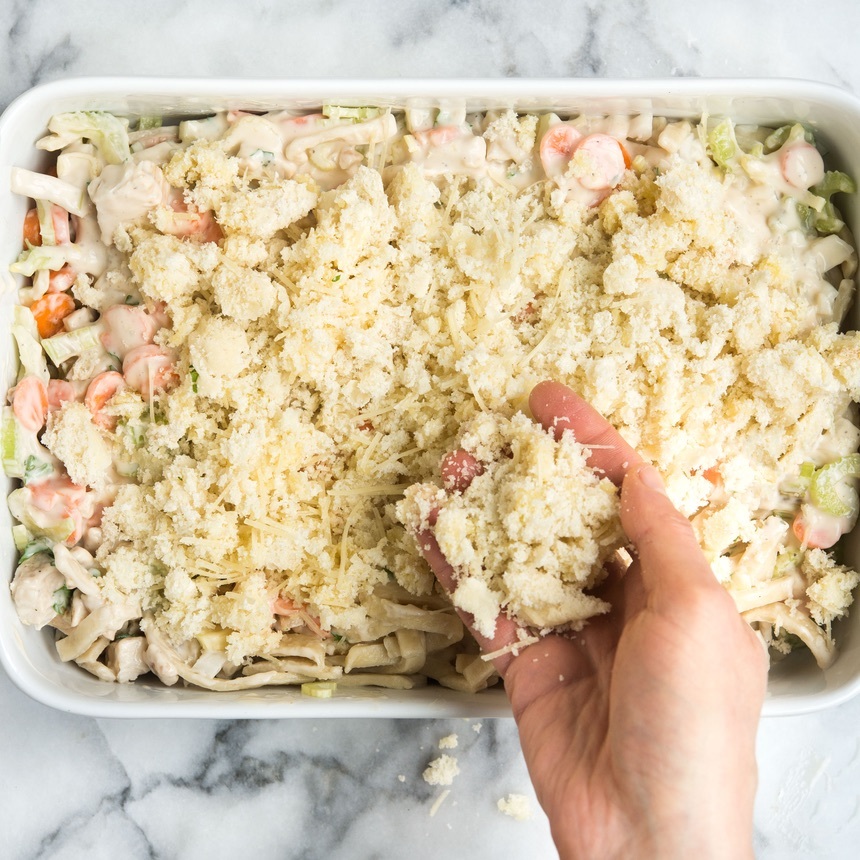 sprinkle crumbs on noodles