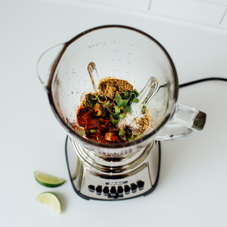 step1 blend garlic scallions spices oil and dressing