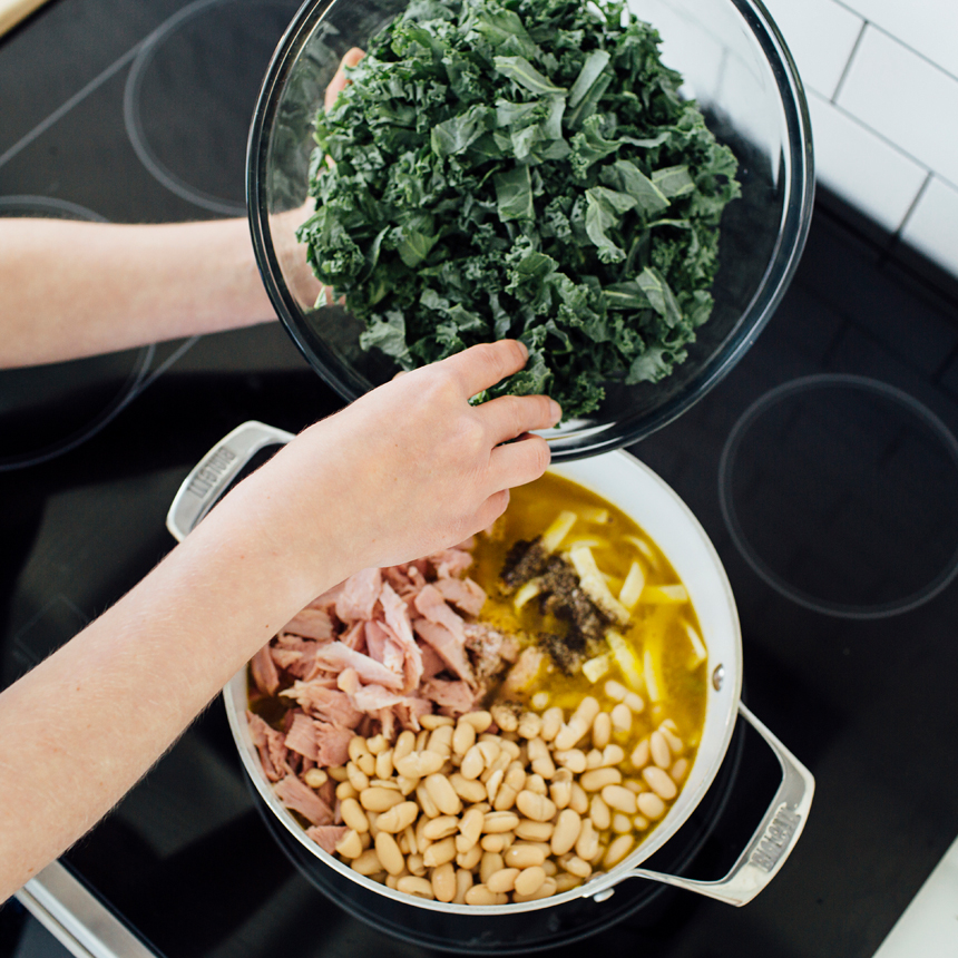 step4 add ham noodles beans and kale