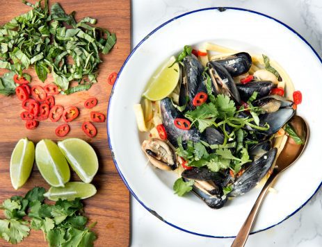 Mussels and Noodles in a Lemongrass-Ginger Broth