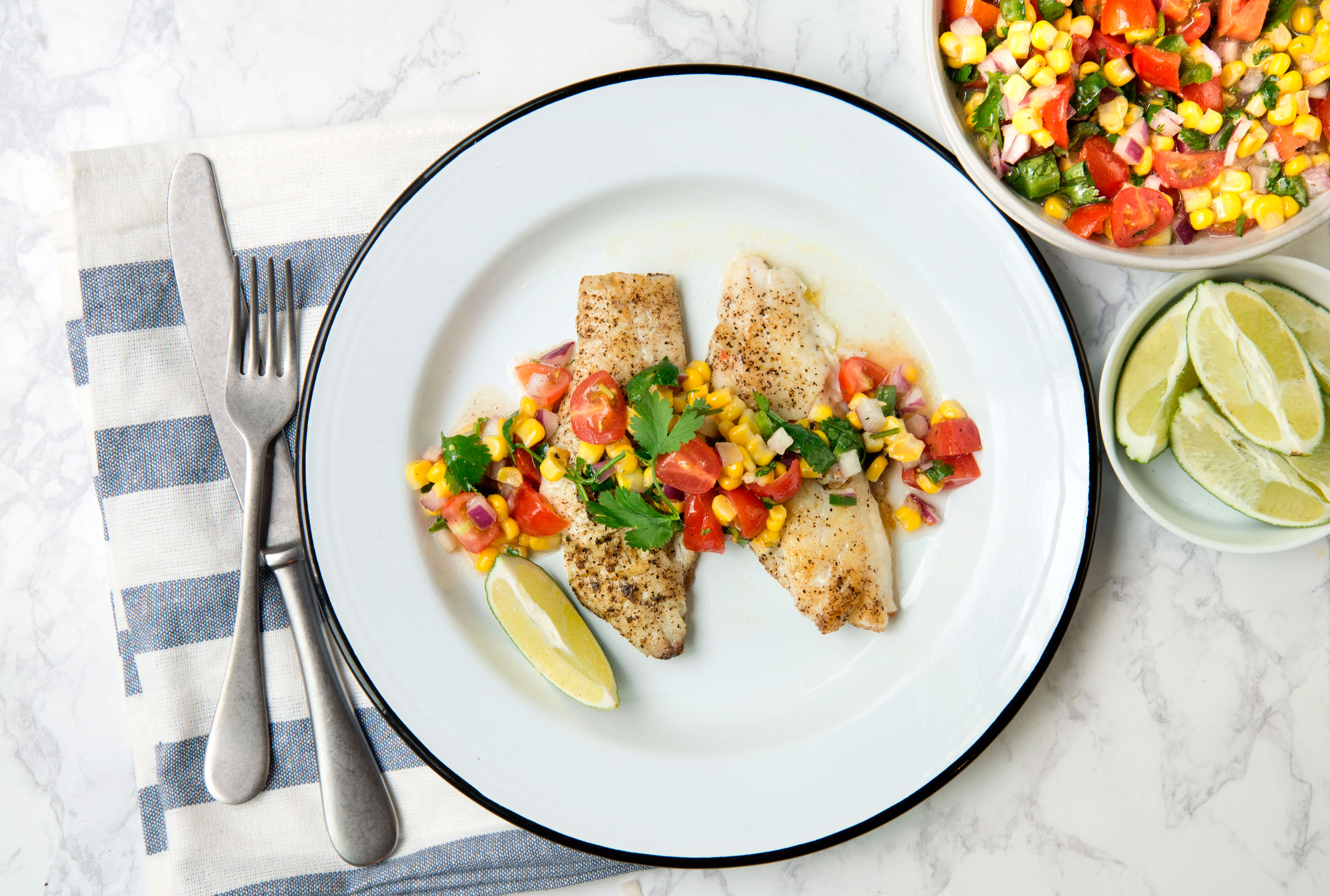Pan Seared Fish with Mexican Corn Tomato Jalapeno Salad