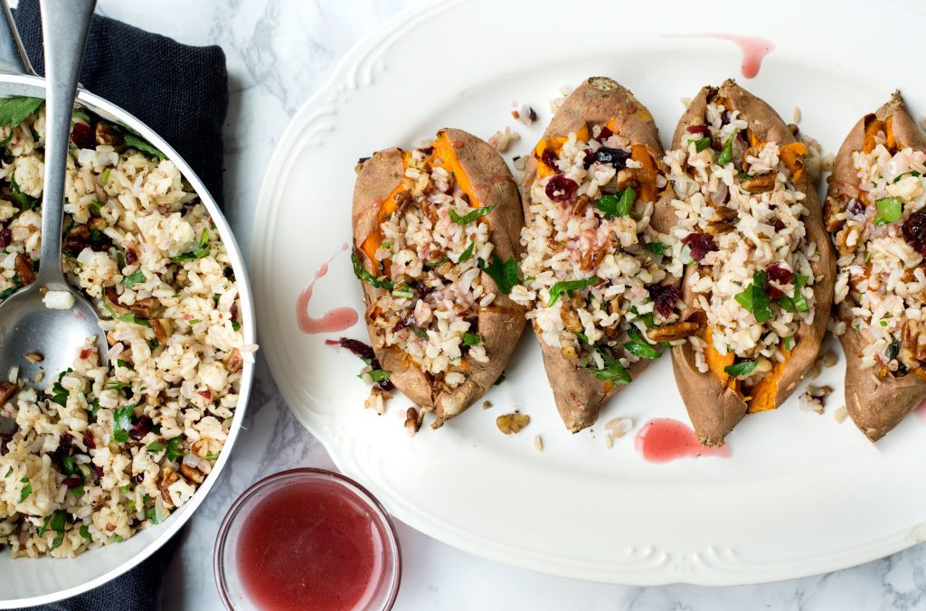 Whole baked sweet potatoes with rice pilaf