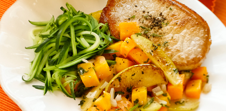 butternut squash and apples with pan seared porkchop