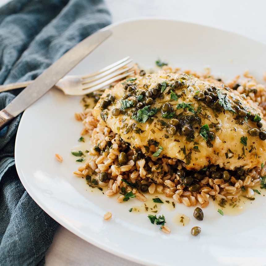 chicken piccata with capers over farro