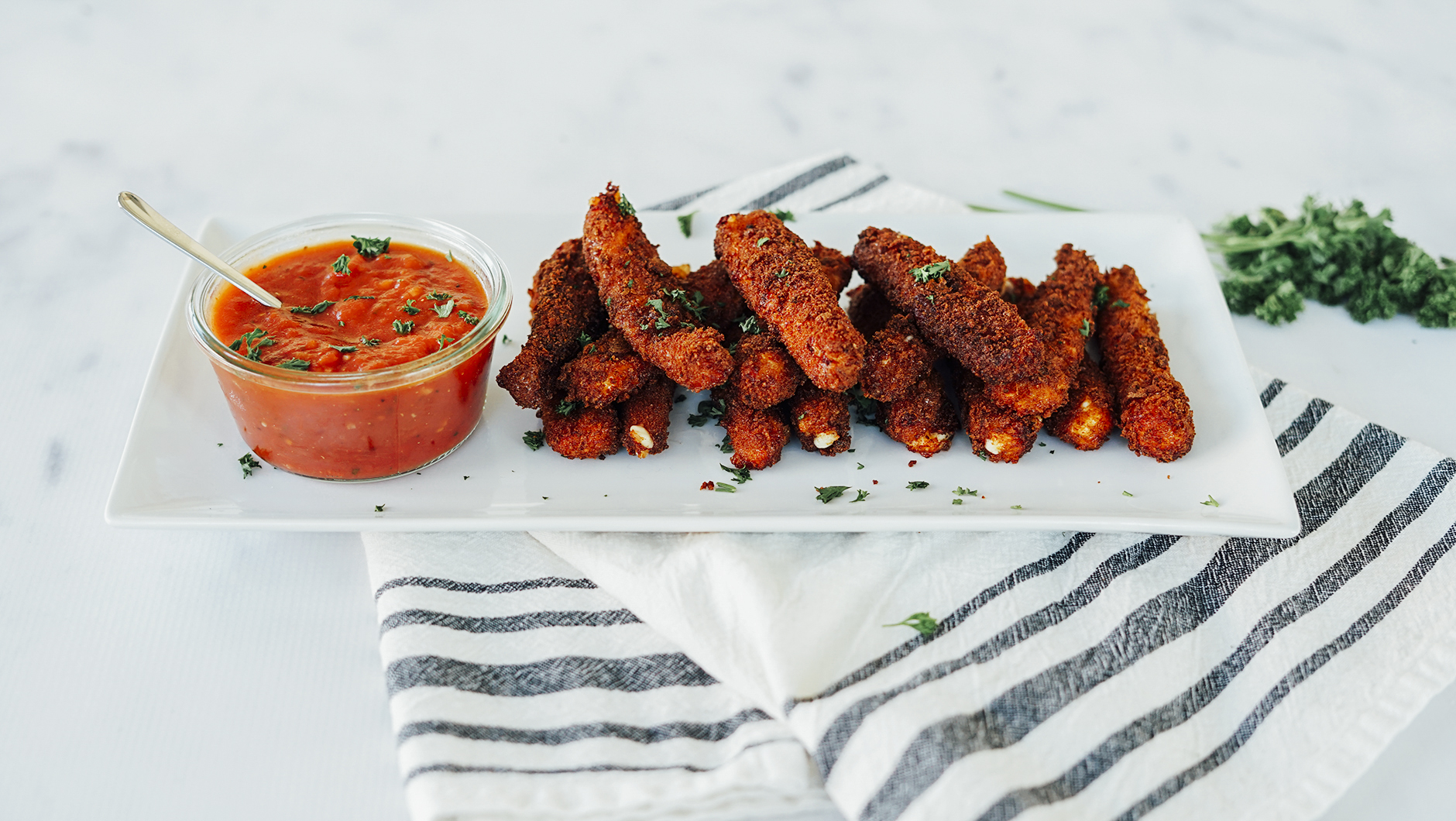 Mozzarella Sticks with Balsamic Marinara Hero