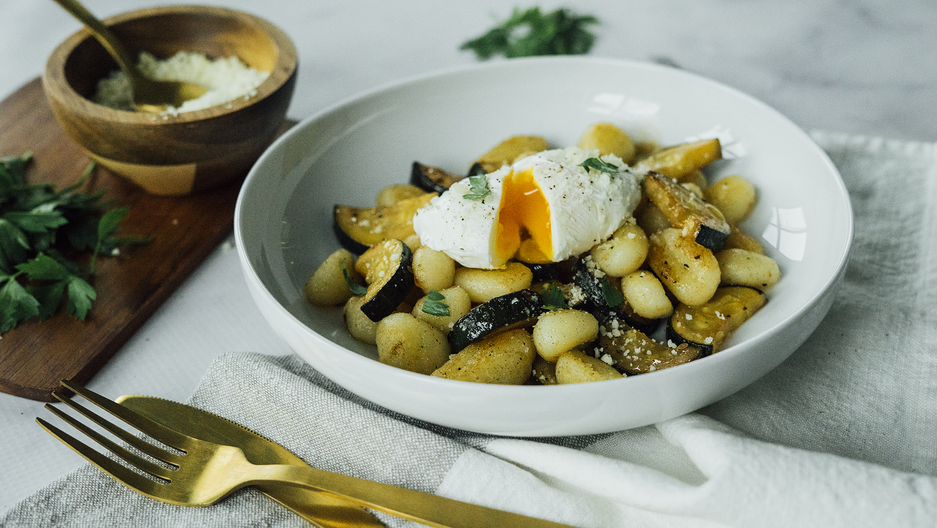Gnocchi with Balsamic Zucchini and Poached Egg Hero