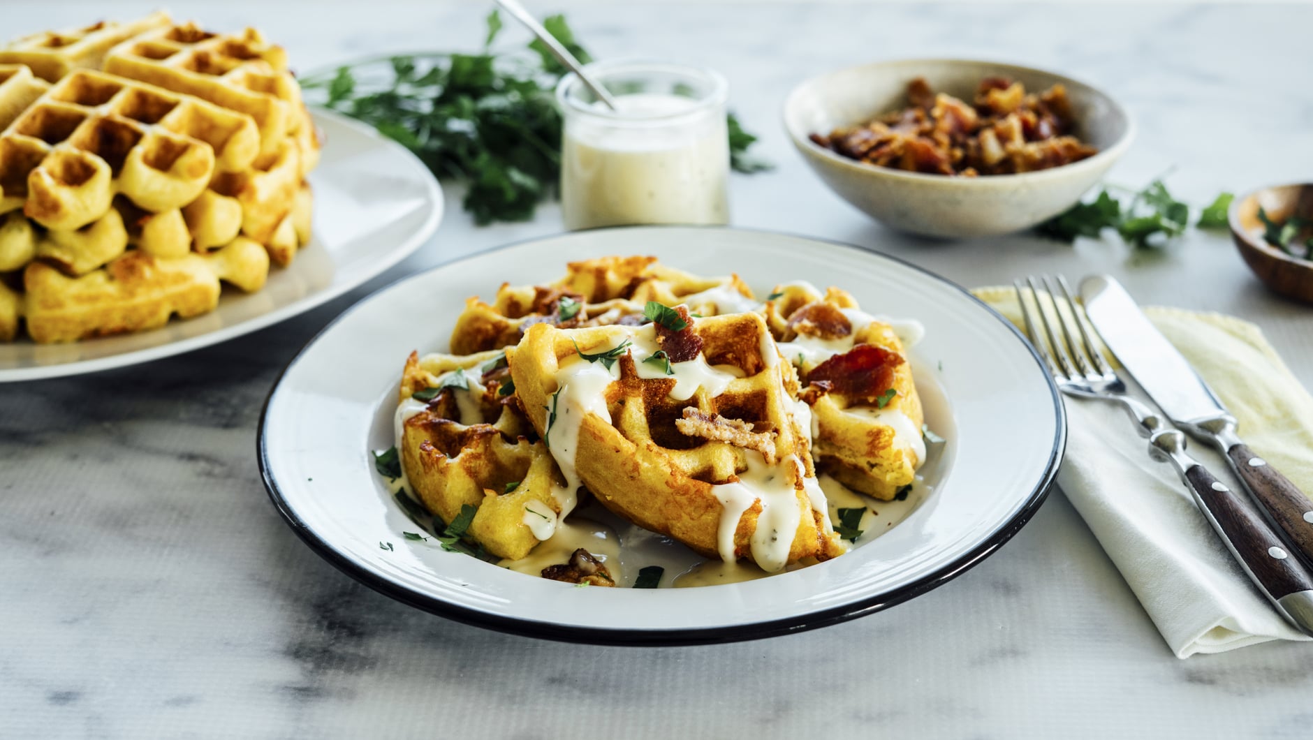 Cheddar Cornbread Waffles with Ranch Bacon Hero
