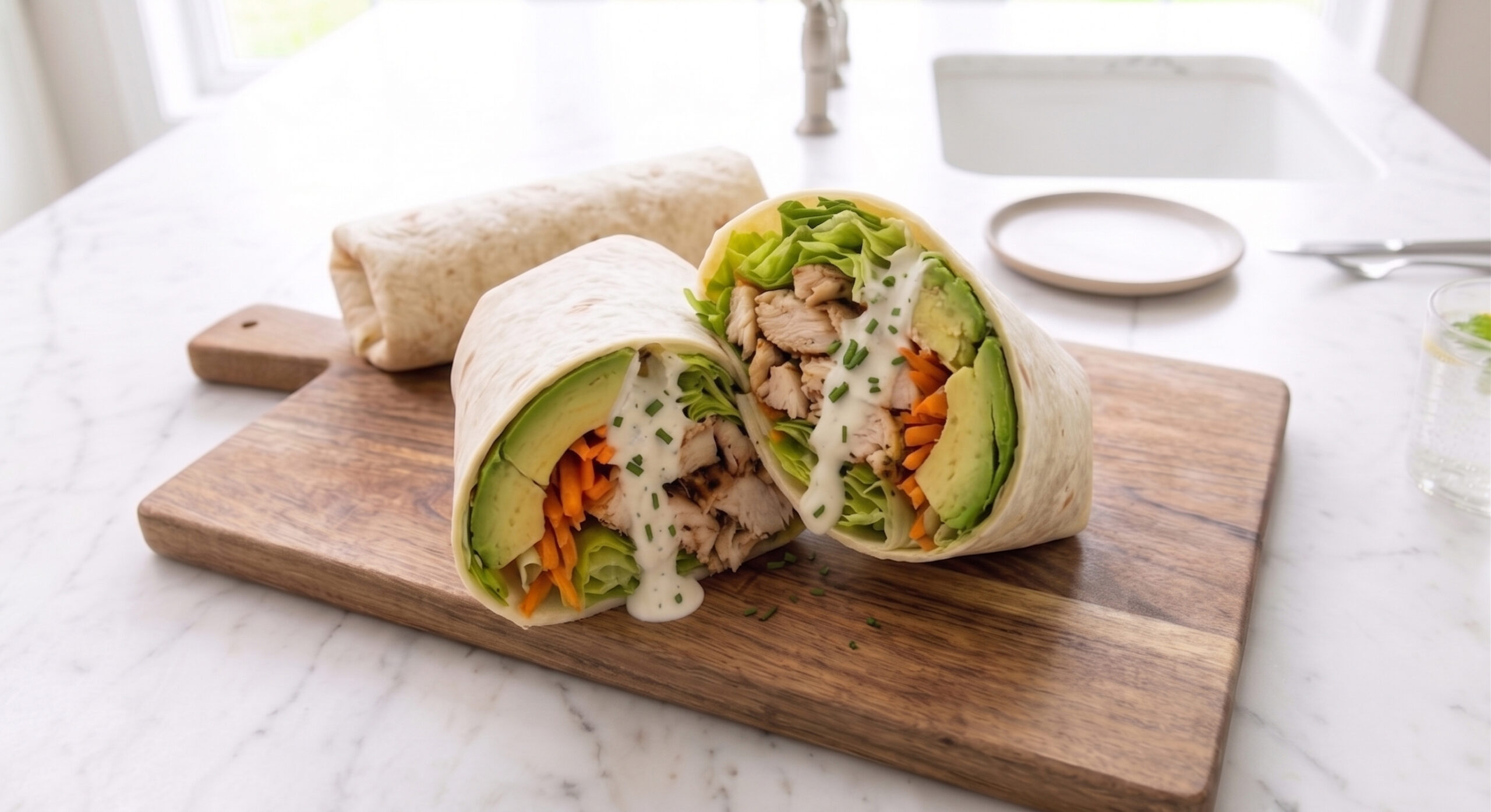 Rotisserie chicken wraps with romaine, carrots and avocado