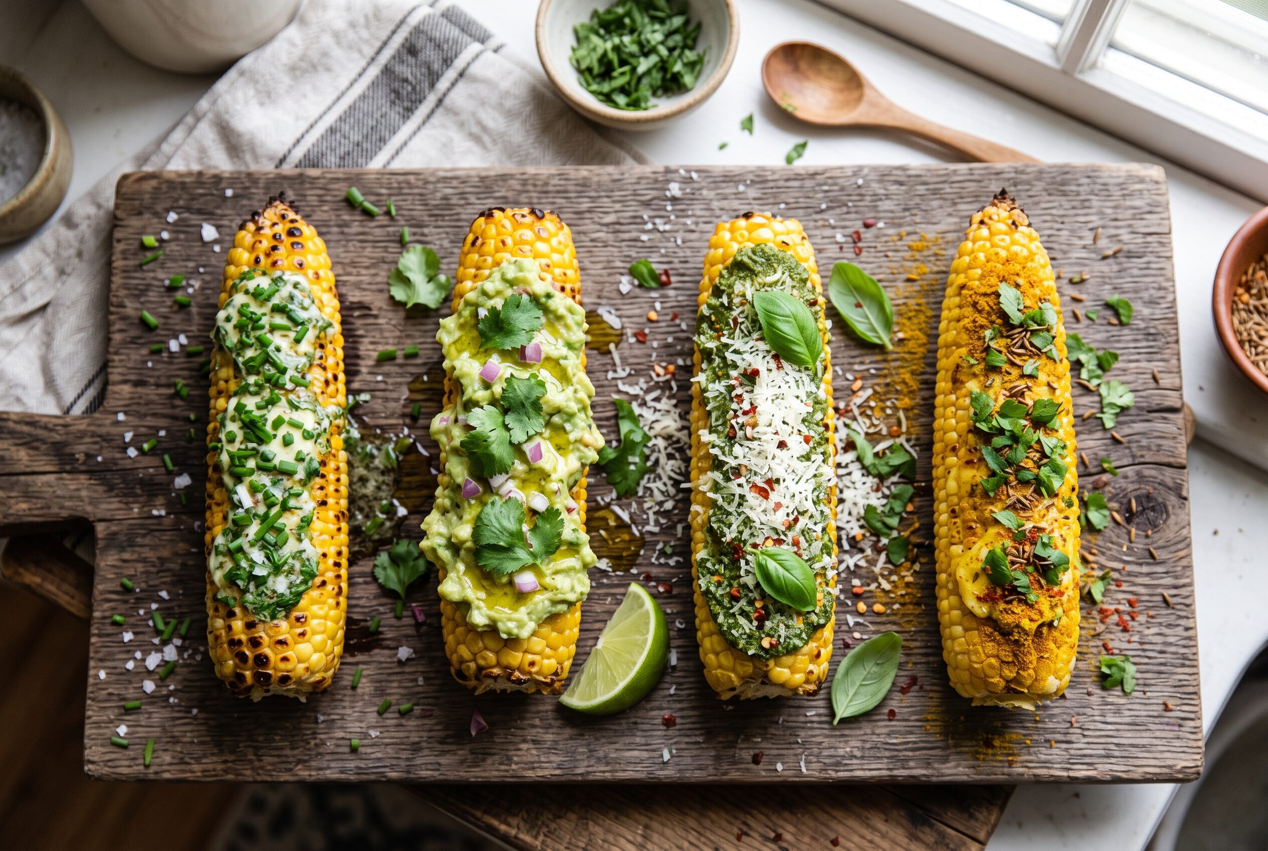 Corn on the cob with a variety of toppings