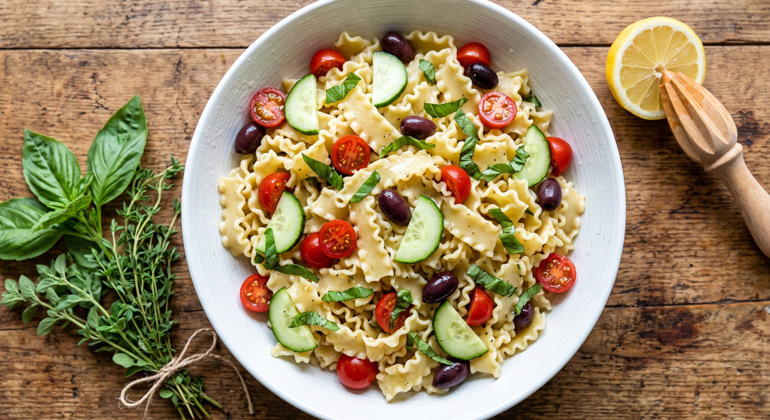 Chilled deli-style pasta salad with cherry tomatoes and cucumber