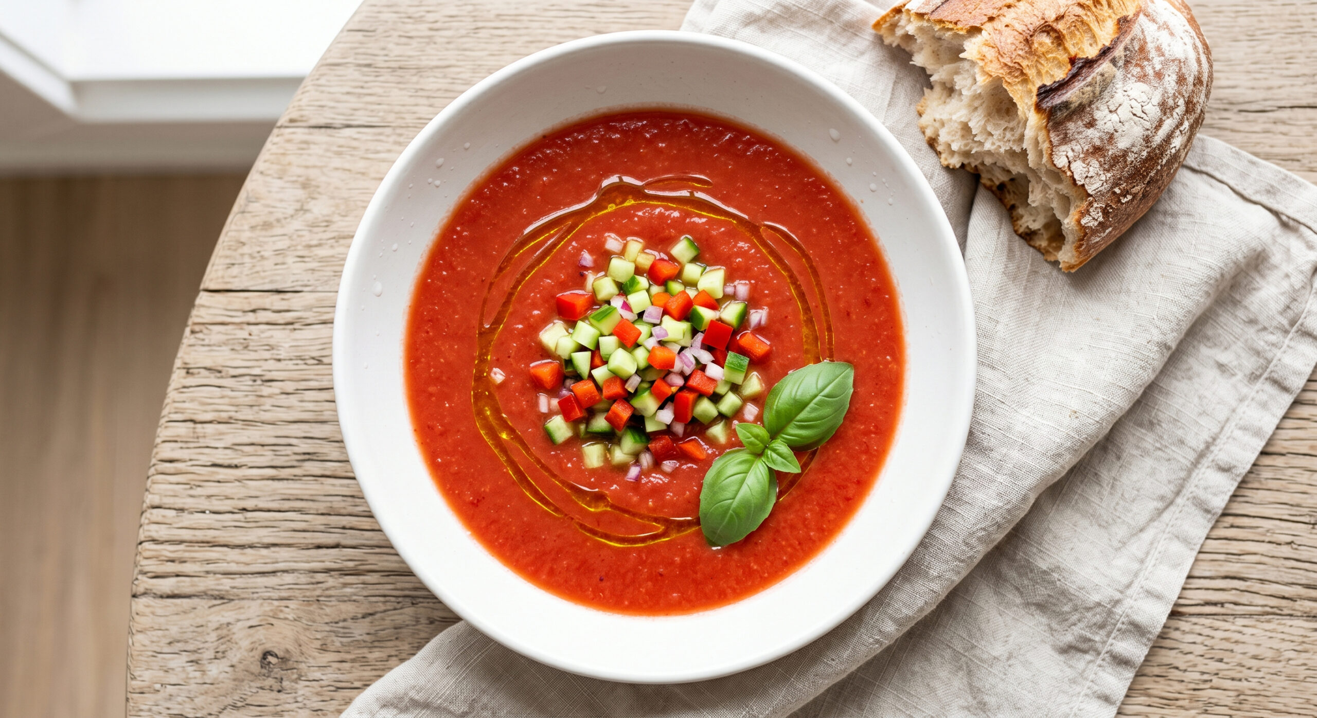 Chilled red gazpacho with cucumber garnish and crusty bread