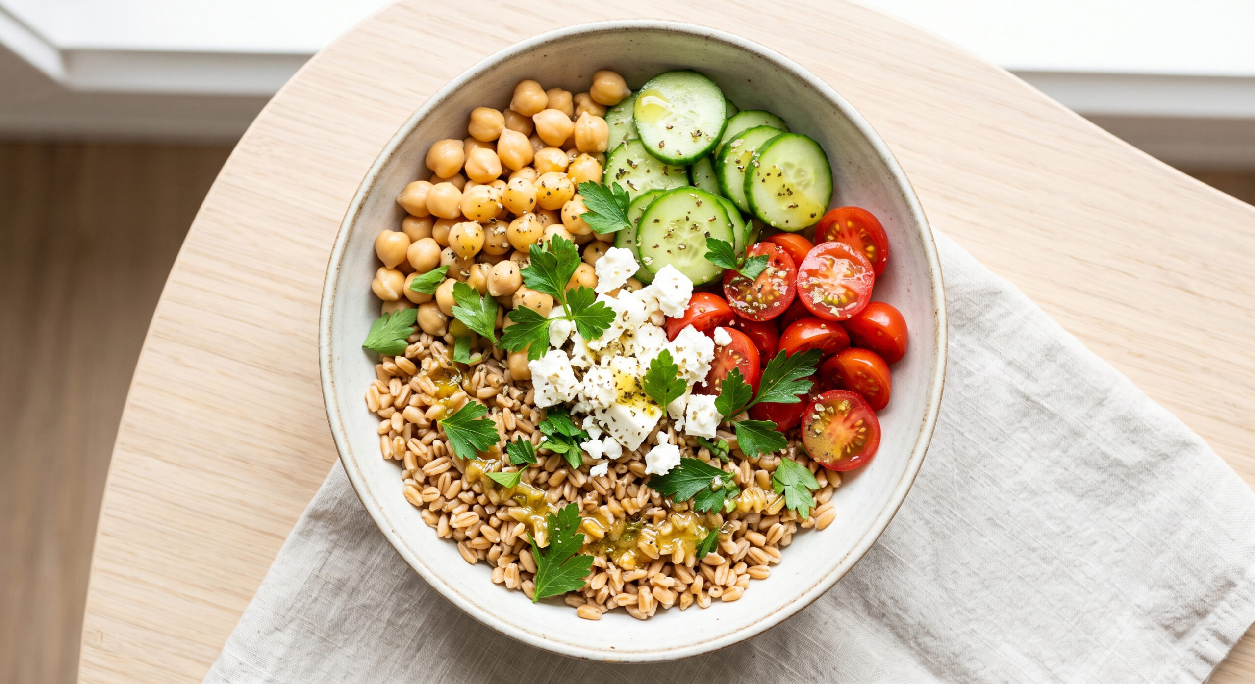 Vibrant grain bowl with chickpeas, tomatoes and feta