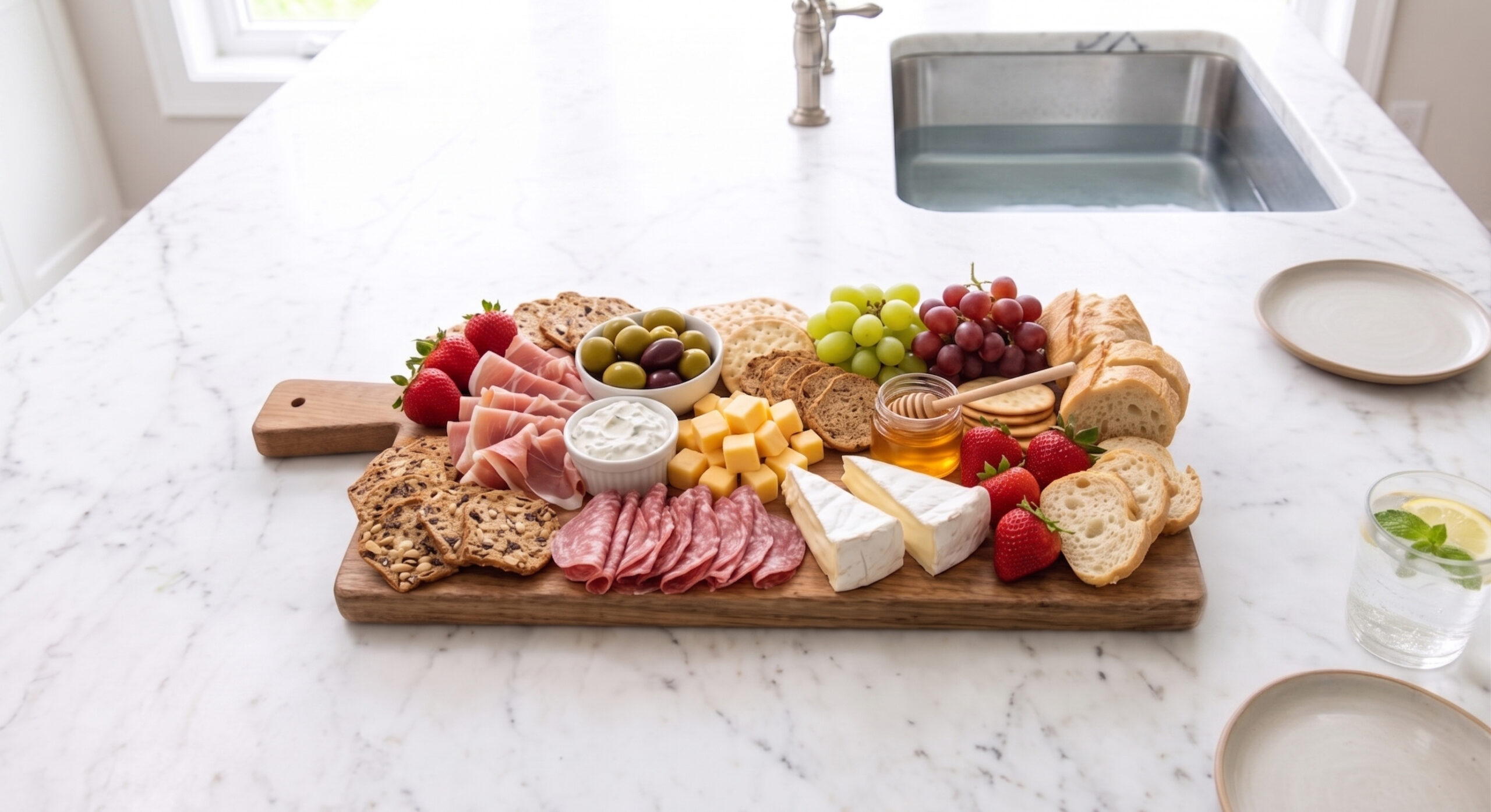 Grazing board with deli meats, cheeses, olives and dips