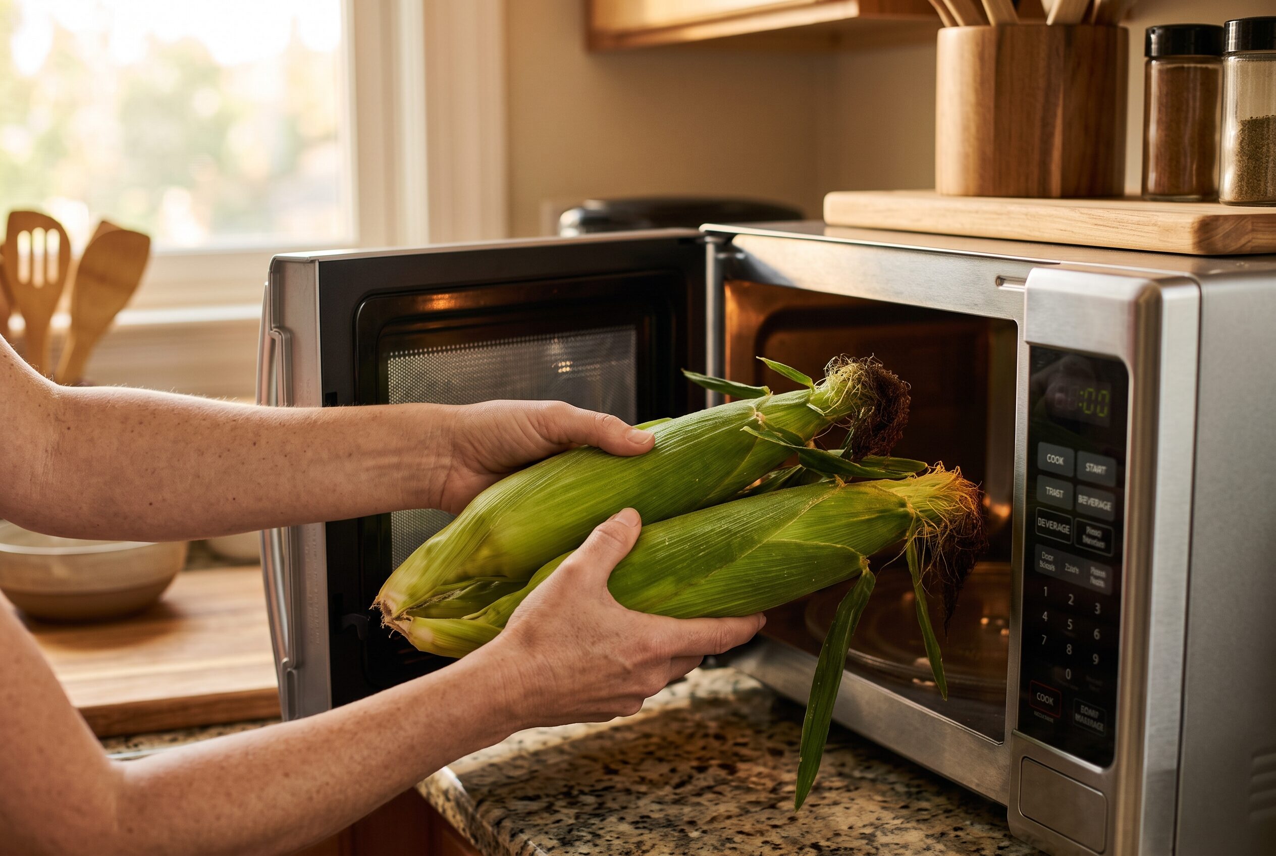 Corn on the cob in the husk placed in the microwave