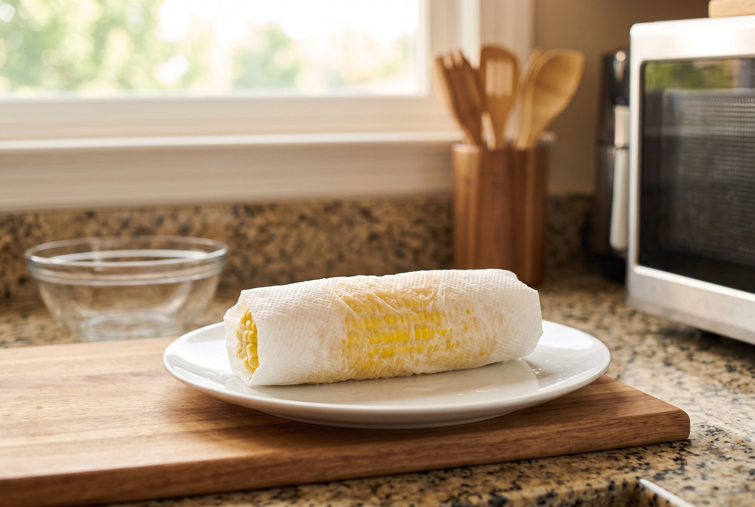 Shucked corn on the cob wrapped in a damp paper towel for the microwave