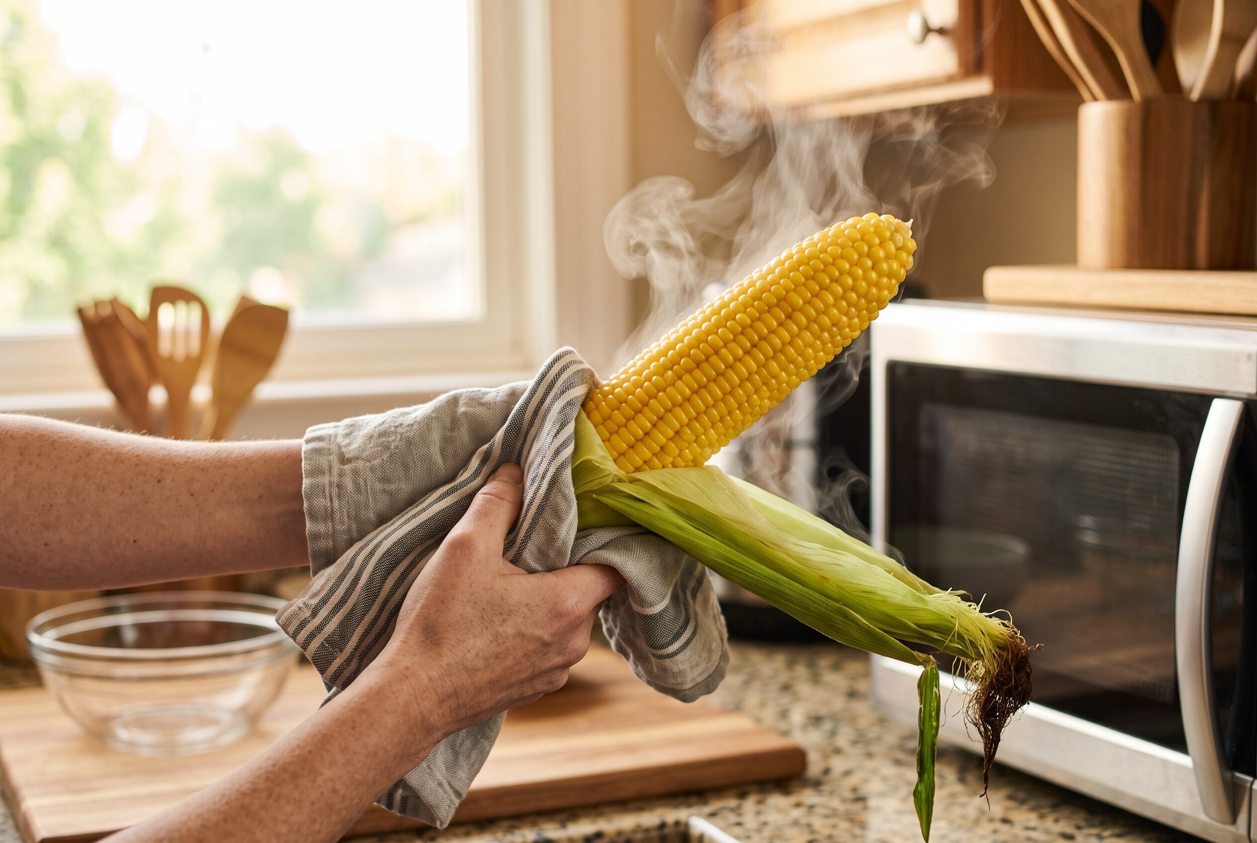 Cooked corn sliding out of the husk with the silk removed