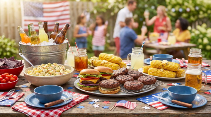 4th of July backyard cookout with grilled burgers, corn and potato salad