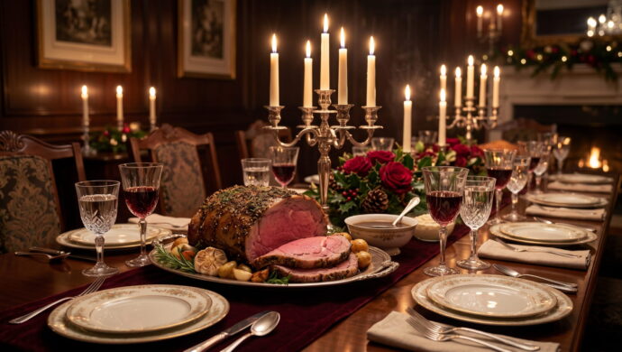 Christmas dinner with prime rib roast and candlelight on a formal holiday table