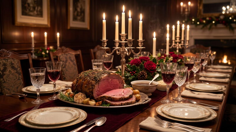 Christmas dinner with prime rib roast and candlelight on a formal holiday table