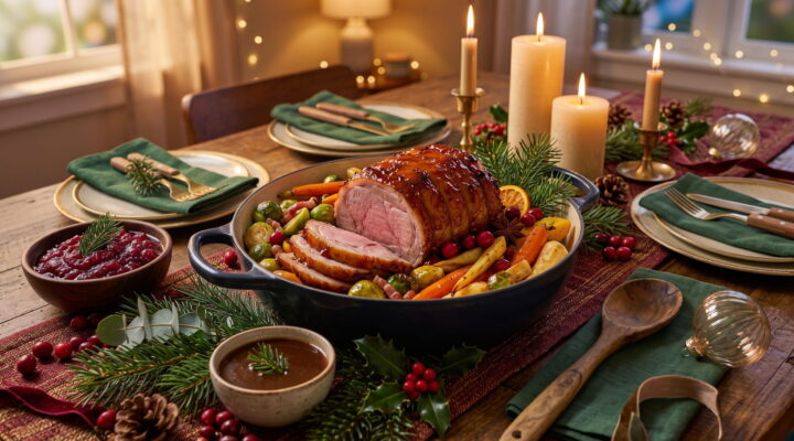 Christmas dinner spread with glazed roast, cranberry sauce and candles on a holiday table