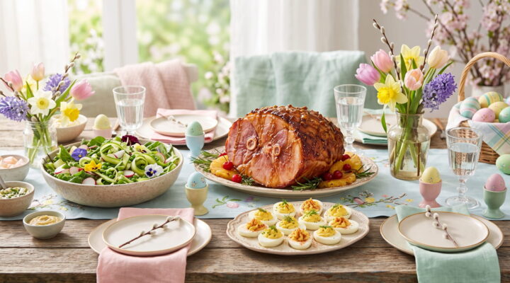 Easter dinner table with glazed ham, spring salad and fresh flowers