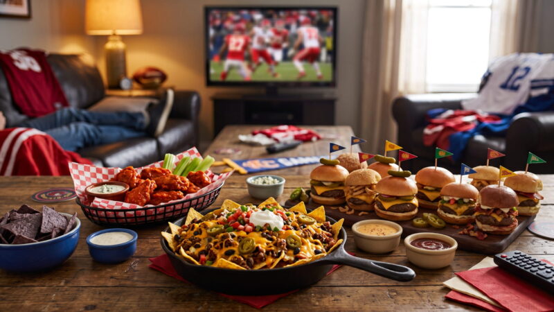 Game day party food spread with buffalo wings, nachos and sliders on a coffee table