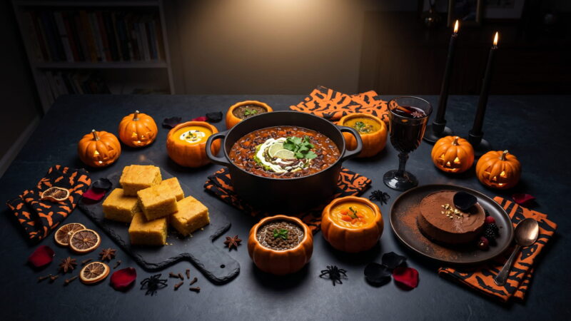 Halloween dinner spread with black bean chili, pumpkin soup and spooky decorations