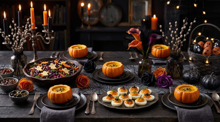 Halloween party food spread with pumpkin soup and festive decorations