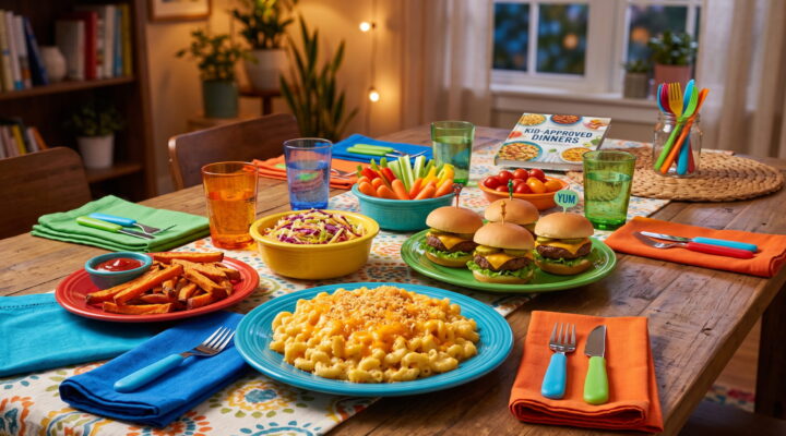 Family dinner table with mac and cheese, sliders and colorful sides