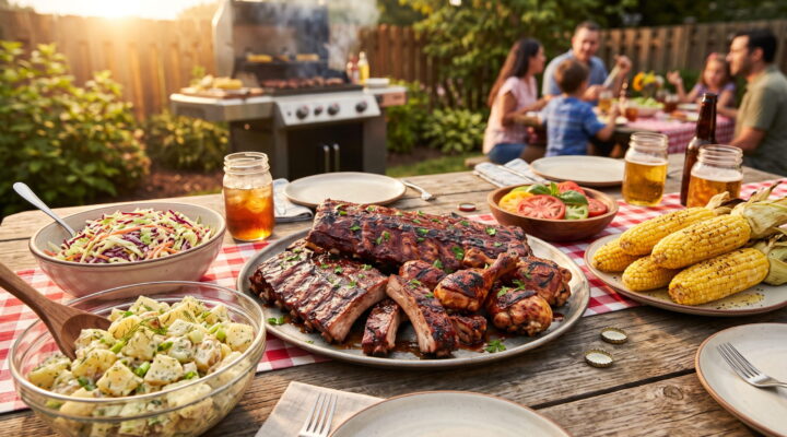 Labor Day cookout with grilled ribs, corn and summer sides on a picnic table